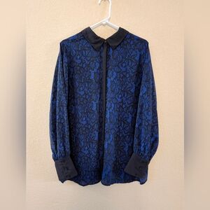 Christian Siriano for Lane Bryant Blue/Black Long Sleeve Button Blouse